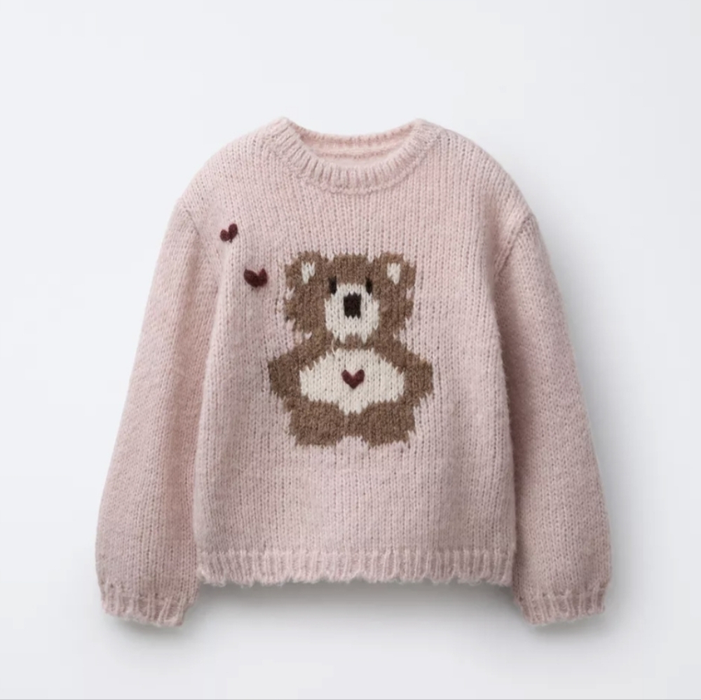 Zara Pink Teddy Bear Sweater Size 6 Nwt